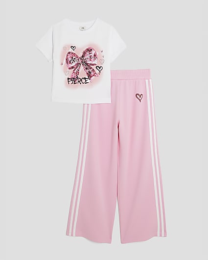 Girls Pink Bow T-Shirt And Joggers Set
