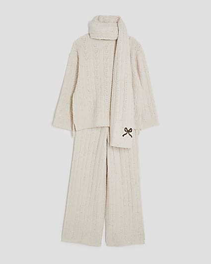 Girls Cream Cable Knit Jumper And Scarf Set
