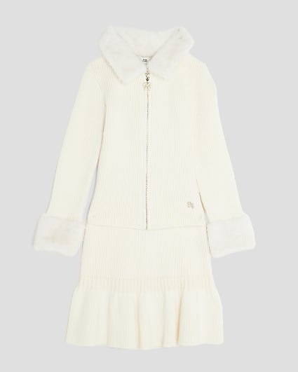 Girls Cream Faux Fur Collar Cardigan Set