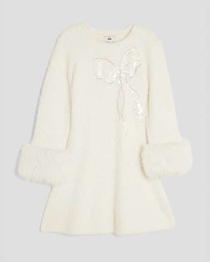 Girls Cream Fur Cuff Sequin Bow Skater Dress