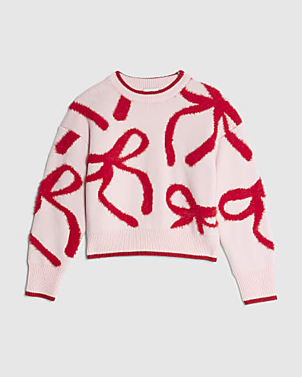 Girls Pink Fluffy Bow Jumper