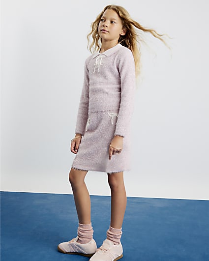 Girls Pink Lurex Bow Skirt Set