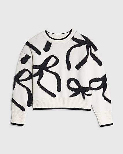 Girls Cream Fluffy Bow Jumper