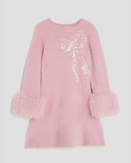 Girls Pink Fur Cuff Sequin Bow Skater Dress