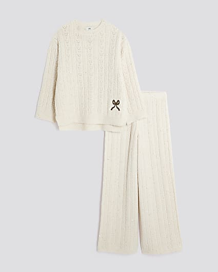 Girls Cream Cable Knitted Bow Wide Leg Set