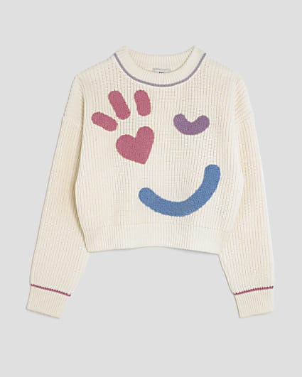 Girls Cream Knitted Smiley Jumper