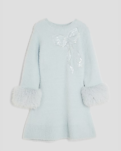 Girls Blue Fur Cuff Sequin Bow Skater Dress