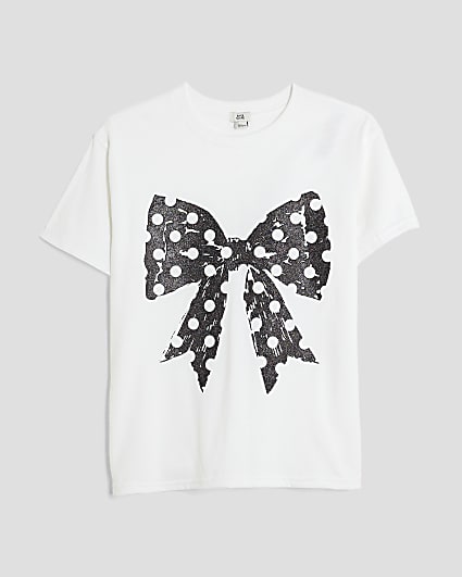 Girls White Polka Dot Bow T-shirt