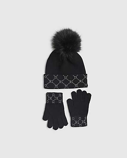 Girls Black Hotfix Beanie And Gloves Set