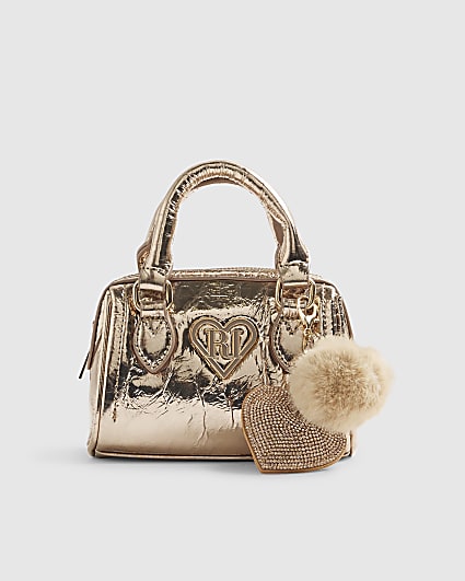 Girls Gold Mini Bowler Bag And Card Holder