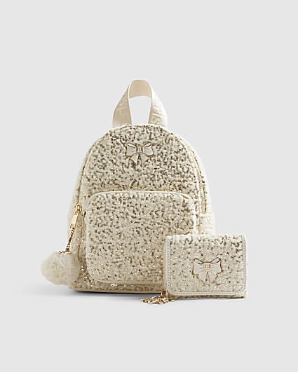 Girls Cream Borg Backpack Purse Bundle