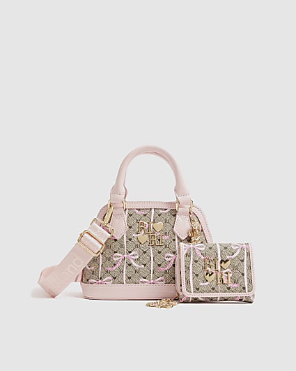 Girls Brown Monogram Bow Bag and Purse Bundle