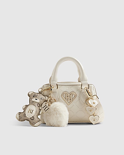 Girls Cream Mini Bowler Bag And Charms