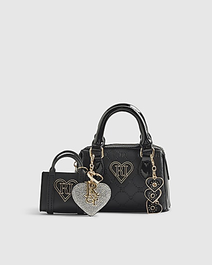 Girls Black Mini Bowler Bag And Charms