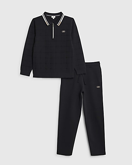 Boys Black Textured Check Polo Shirt Set