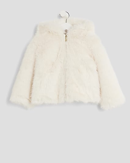 Mini Girls Cream Faux Fur Jacket With Ears