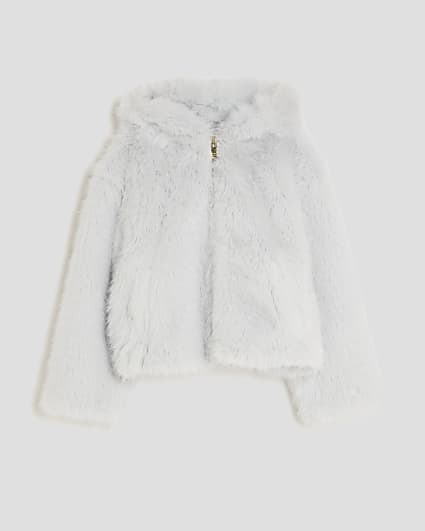 Girls Cream Faux Fur Bomber Jacket
