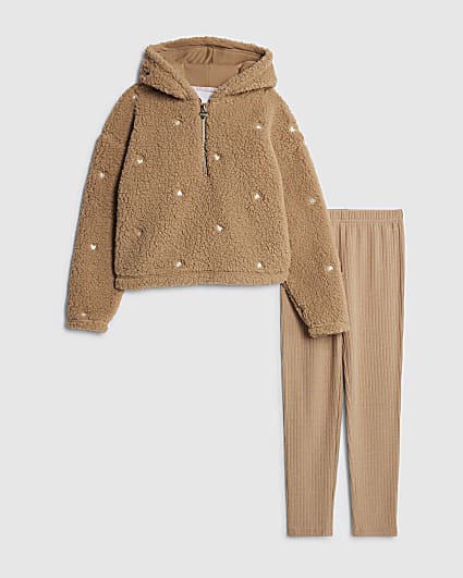 Girls Beige Borg Heart Loungewear Set