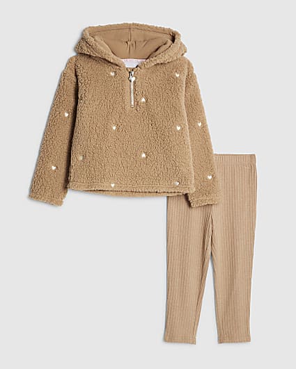 Mini Girls Beige Borg Heart Loungewear Set