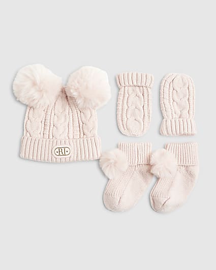 Baby Girls Pink Beanie 3 Piece Bundle