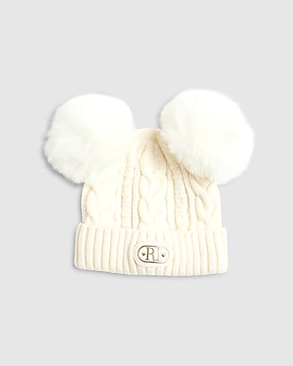 Baby Cream Double Pom Bow Beanie Hat