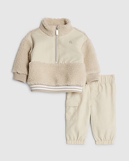 Baby Boys Beige Zip Neck Borg Jacket Set
