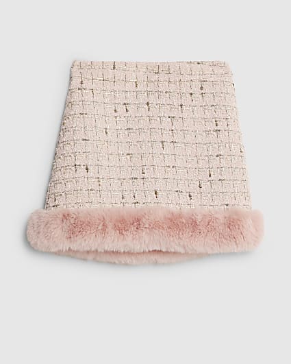 Girls Pink Faux Fur Hem Boucle Skirt