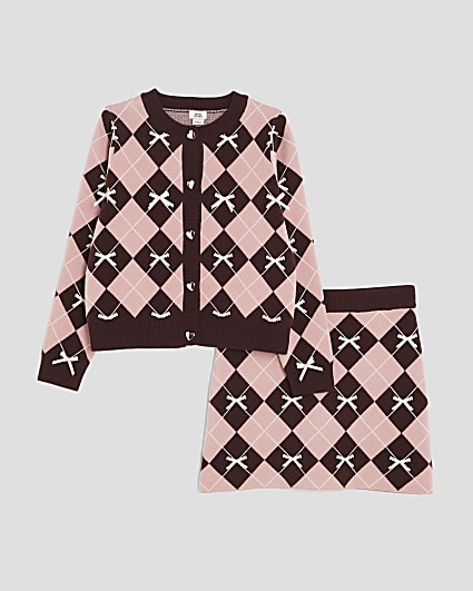 Girls Pink Argyle Print Cardigan Set