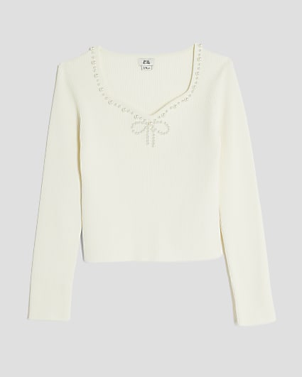 Girls Cream Pearl Embellished Long Sleeve Top