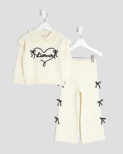 Mini Girls Cream Intarsia Top & Trousers Set