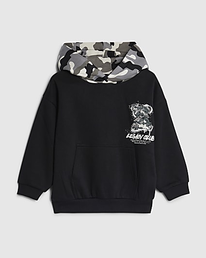 Mini Boys Black Camouflage Bear Hoodie