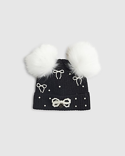 Girls Black Pearl Bow Beanie Hat