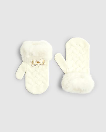 Mini Girls Cream Knitted Fur Bow Gloves