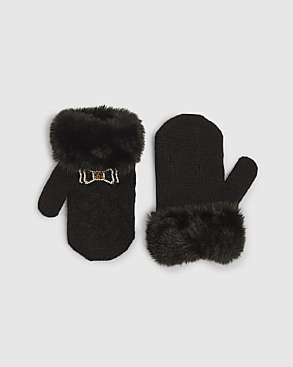 Mini Girls Black Fur Cuff Mittens
