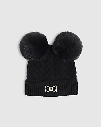 Mini Girls Black Double Pom Beanie