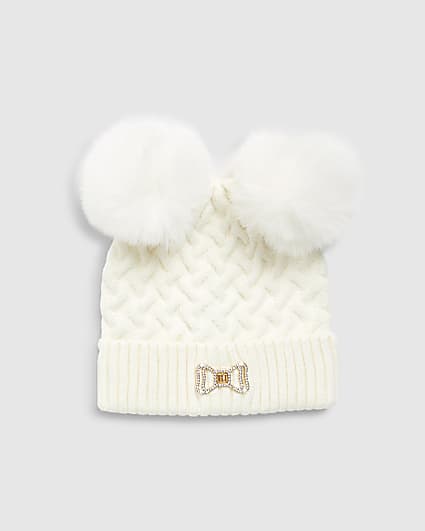Mini Girls Black Double Pom Beanie