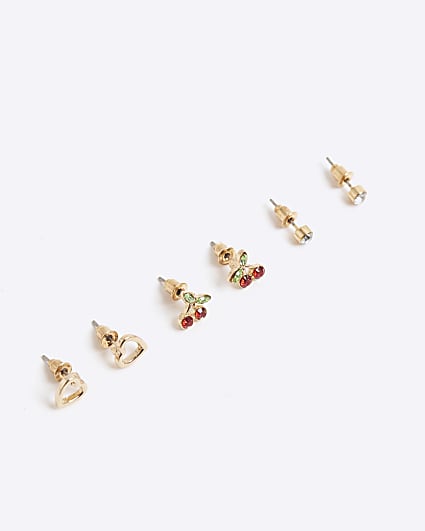 Girls Red Cherry Pack Of 3 Stud Earrings