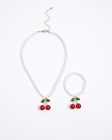 Girls Red Pearl Cherry Necklace and Bracelet