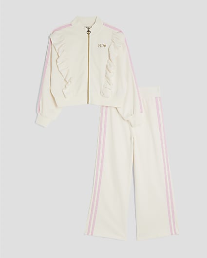 Girls Cream Frilled Taped Tracksuit Set