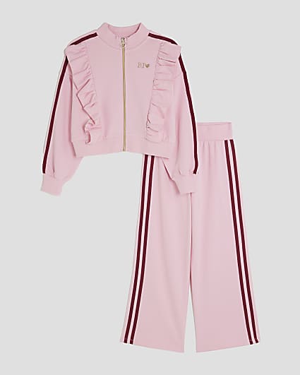Girls Pink Frilled Taped Tracksuit Set