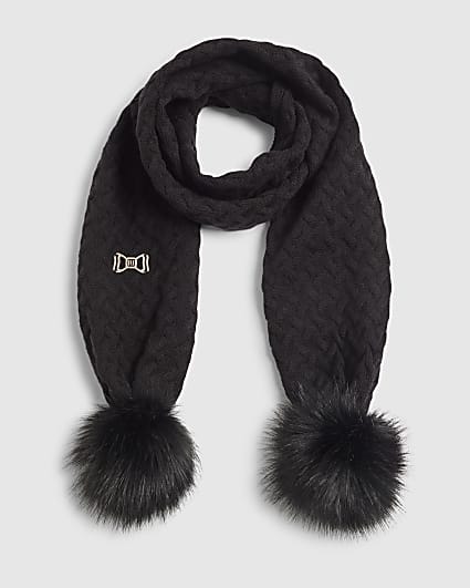 Girls Black Knitted Pom Pom Scarf