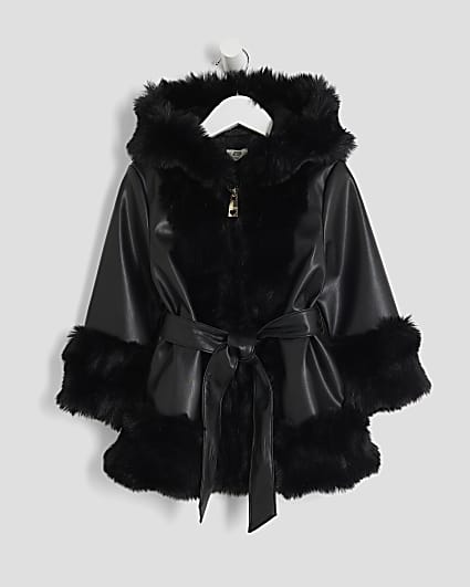 Mini Girls Black Faux Fur Wrap Hooded Coat