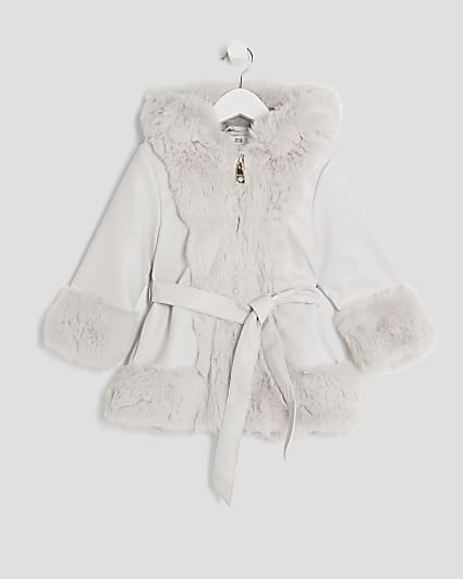 Mini Girls Grey Faux Fur Wrap Hooded Coat