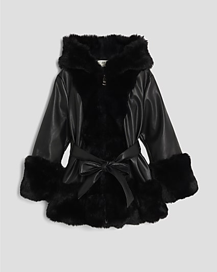 Girls Black Faux Fur Wrap Hooded Coat