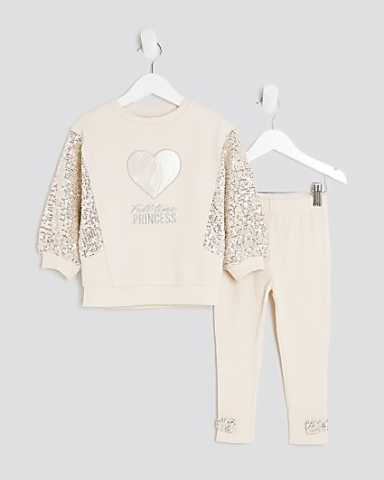 Mini Girls Beige Sequin Hybrid Sweatshirt Set