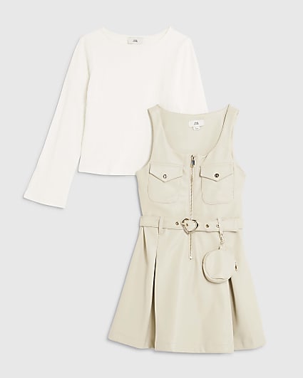 Girls Cream Faux Leather Pinafore Dress Set