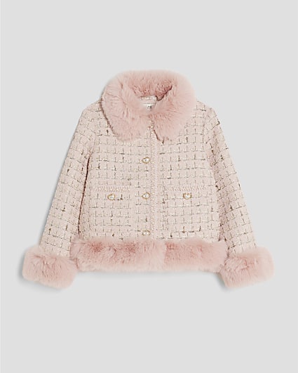 Girls Pink Faux Fur Boucle Jacket