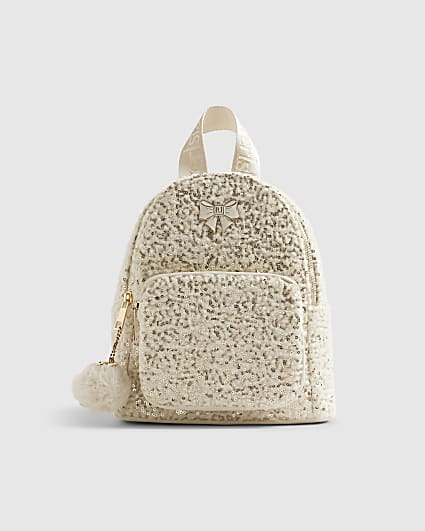 Girls Cream Borg Sequin Backpack