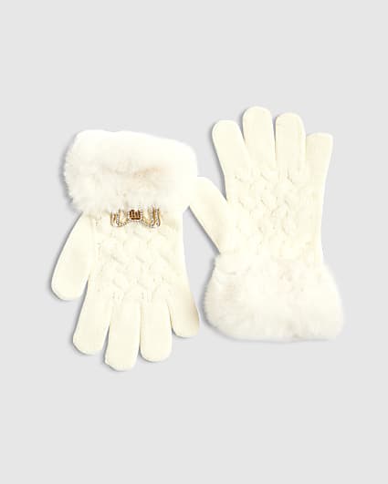 Girls Cream Knitted Fur Bow Gloves