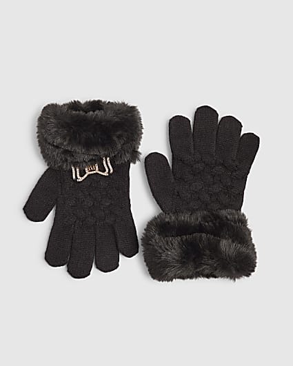 Girls Black Knitted Faux Fur Trim Bow Gloves